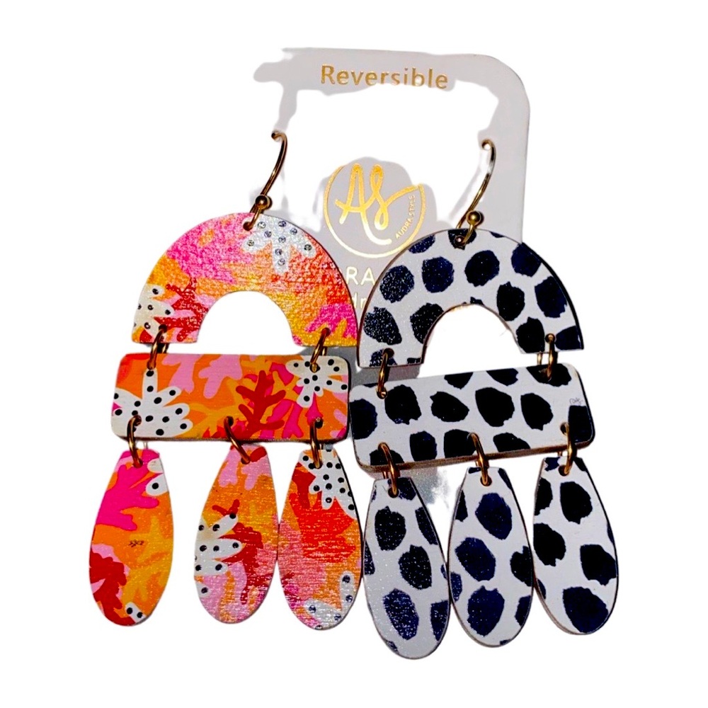 Handmade earrings reversible! Side1.Black/white dots Side 2. orng/red/gold print